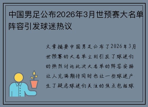中国男足公布2026年3月世预赛大名单阵容引发球迷热议 中国男足公布2026年3月世预赛大名单阵容引发球迷热议